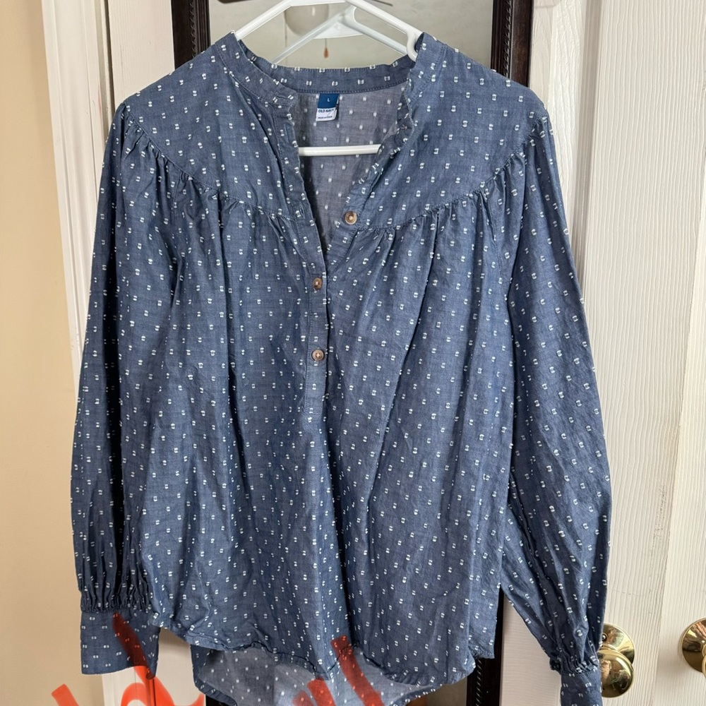 Old Navy Denim Blue Blouse with White Pattern